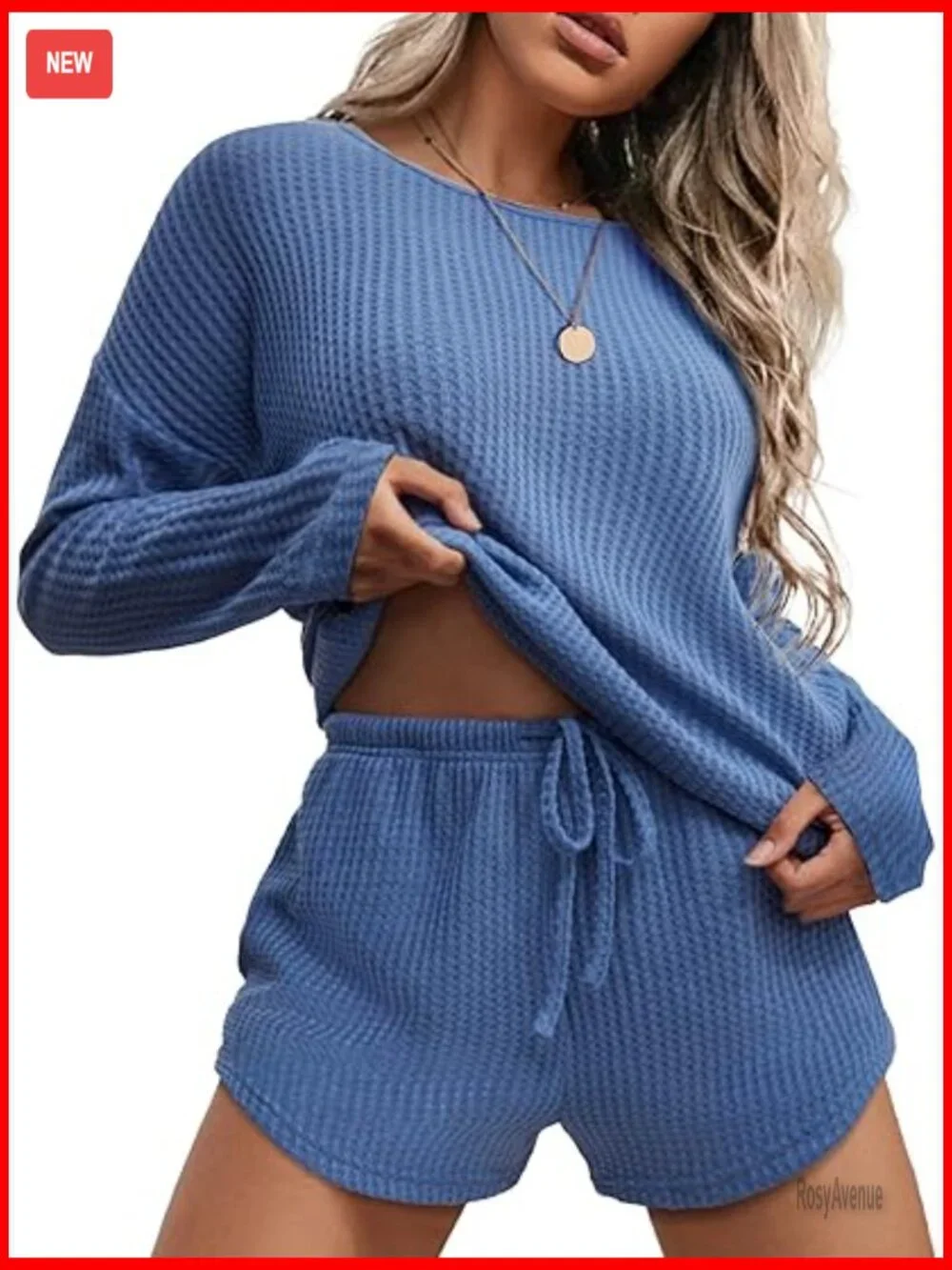 Waffle Knit Pajama Sets Long Sleeve Top and Shorts Matching Lounge Set with